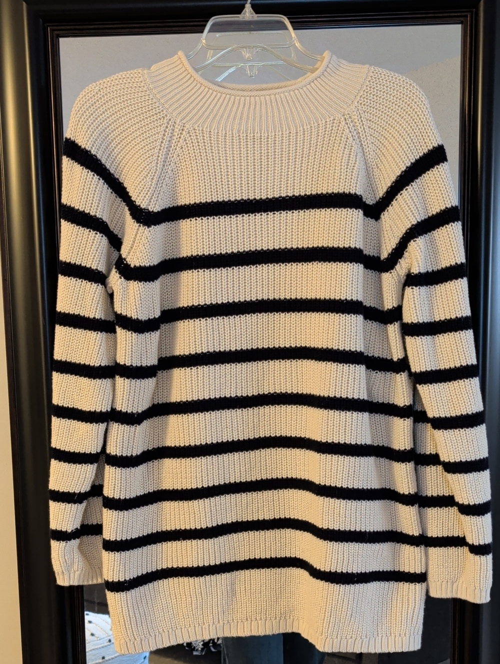 Talbots Cream and Navy Cotton Striped Coastal Chunky Crewneck Sweater